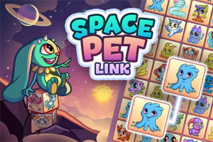 宇宙の背景に小惑星に座る緑色のキャラクターと、タイルに描かれたカラフルな動物たちのイラスト。
