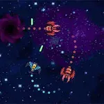 宇宙空間でカラフルな宇宙船と黒い穴が描かれたシーン。