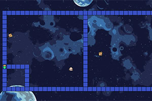 青いブロックの迷路と宇宙背景がある画像。