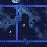 青いブロックの迷路と宇宙背景がある画像。