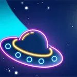 ネオンカラーで描かれた宇宙船、小惑星、星が浮かぶ星空のイラスト。