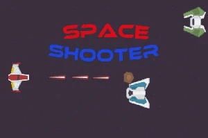 青と赤の文字で「SPACE SHOOTER」と書かれた暗い背景に、3つの宇宙船が描かれているイメージ。