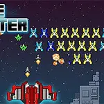 赤い宇宙船がカラフルな敵機と爆発が浮かぶ星空を背景に戦う様子。