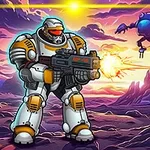 未来的な装甲スーツを着た兵士が銃を構えている宇宙の風景。