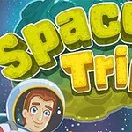 宇宙服を着たキャラクターと大きな文字が描かれた明るいスペーステーマのイラスト。