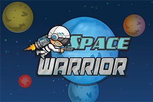 宇宙空間を背景に、ジェットパックを装着したアストロノーツのイラストと「SPACE WARRIOR」という文字。