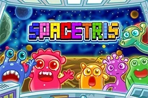 カラフルな宇宙の背景と可愛らしい異星人キャラクターたちが並ぶイラスト。