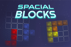 青い背景に「SPACIAL BLOCKS」というテキストが配置され、赤、青、黄色のブロックが並んでいる。