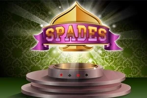 金色の背景に「SPADES」と書かれた紫のリボンがあり、光沢のあるステージに浮かんでいる。