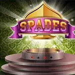 金色の背景に「SPADES」と書かれた紫のリボンがあり、光沢のあるステージに浮かんでいる。