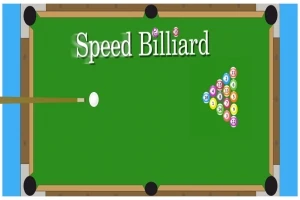 緑色のビリヤード台の上に「Speed Billiard」というテキストと、ラックに並んだボールが描かれている画像。