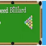 緑色のビリヤード台の上に「Speed Billiard」というテキストと、ラックに並んだボールが描かれている画像。