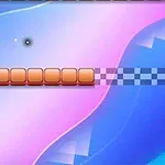 チェック柄の線と赤いブロック、青とピンクのグラデーション背景。