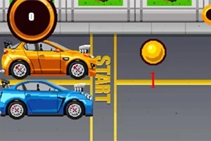 2台のカラフルな車がスタートラインに並んでいるレースのゲーム画面。