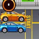 2台のカラフルな車がスタートラインに並んでいるレースのゲーム画面。