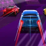 3台のカラーの異なるレーシングカーが、ネオンライトが照らす未来的なトンネルを疾走している。