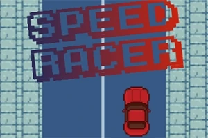 赤い車が青い道路を走る上空の画像と「SPEED RACER」の文字。