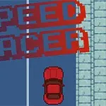 赤い車が青い道路を走る上空の画像と「SPEED RACER」の文字。