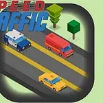 車が道路を走る様子が描かれ、赤いバン、黄色いタクシー、警察車両が見える。