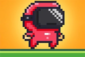 赤い宇宙服を着たキャラクターのピクセルアートが、オレンジ色の背景に立っている。