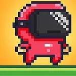 赤い宇宙服を着たキャラクターのピクセルアートが、オレンジ色の背景に立っている。