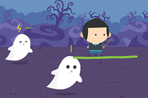 紫色の背景に、二体の幽霊と杖を持ったキャラクターがいるイラスト。
