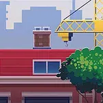 赤いビルの屋上を走る青と赤の衣装を着たキャラクター、背景にクレーンと都市のシルエットが見える。