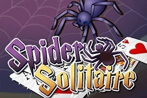 紫色のクモとトランプの上に「Spider Solitaire」と書かれたカラフルなタイトルロゴ。