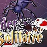 紫色のクモとトランプの上に「Spider Solitaire」と書かれたカラフルなタイトルロゴ。