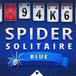 青い背景に蜘蛛の巣模様とトランプカードが並び、中央に「SPIDER SOLITAIRE BLUE」という文字がある。