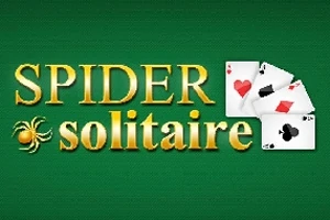 緑の背景に蜘蛛のイラストとトランプのハート、ダイヤ、クラブの3枚のカードが描かれた「SPIDER solitaire」の文字。