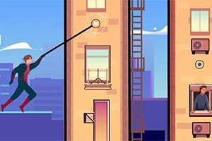 ビルの間をロープで移動する赤と青のコスチュームのキャラクター。