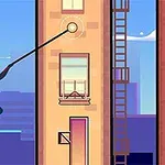ビルの間をロープで移動する赤と青のコスチュームのキャラクター。
