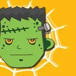 緑色のフランケンシュタインの顔がクモの巣を背景に描かれている。