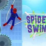 青い空を背景に、赤と青のコスチュームを着たキャラクターが糸でぶら下がっていて、「SPIDEY SWING」という文字が中央に表示されている。
