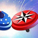 星条旗と星のマークがそれぞれ描かれた二つの赤と青のコマが爆発的な背景の上で向かい合っているイラスト。