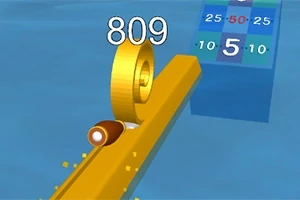 水色の背景に、数字が浮かんでいる黄色い道を進む金色の輪。