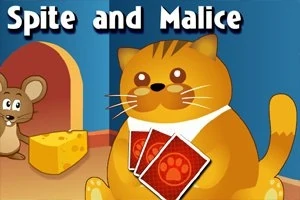 猫が数枚のカードを持ち、チーズと一緒にネズミが隅にいるイラスト。