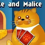 猫が数枚のカードを持ち、チーズと一緒にネズミが隅にいるイラスト。