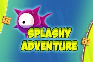 紫色の一つ目のキャラクターが波打つ水面に浮かび、背景に大きく「SPLASHY ADVENTURE」と書かれている。