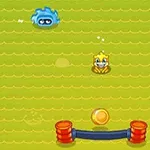 黄色のキャラクターと青いキャラクターが緑色の背景で戦い、中央にコインと2つの赤い柱があるイラスト。