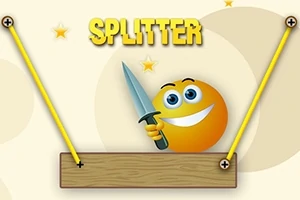 にっこり笑顔のオレンジ色の顔文字がナイフを持ち、「SPLITTER」という文字が背景にあるイメージ。