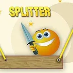 にっこり笑顔のオレンジ色の顔文字がナイフを持ち、「SPLITTER」という文字が背景にあるイメージ。