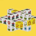 黄色の背景に、多面的な立方体のパズルが並んでおり、家やポーション、三つ又の槍、星、目玉などのシンボルが描かれています。