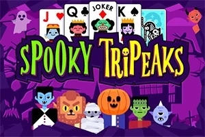 紫色の背景に、カード、キャラクターのイラスト、そして「Spooky TriPeaks」というタイトルが描かれている。