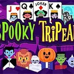 紫色の背景に、カード、キャラクターのイラスト、そして「Spooky TriPeaks」というタイトルが描かれている。