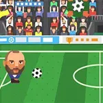 サッカー場で観客を背景に二人のキャラクターがサッカーボールを挟んで対峙しているイラスト。