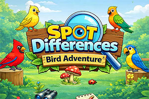 森の中で色鮮やかな鳥たちが「SPOT Differences Bird Adventure」と書かれた虫眼鏡付きの木製看板を囲むイラスト。
