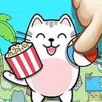 ビーチでポップコーンを持ち微笑む白い猫と指が描かれたイラスト。