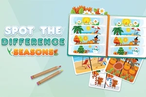 4つの異なる季節が描かれたイラストと鉛筆が並んでいる画像。